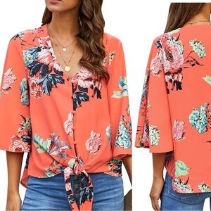 Lookbook Store V Neck Orange Floral Tie Knit Button Down Blouse Top